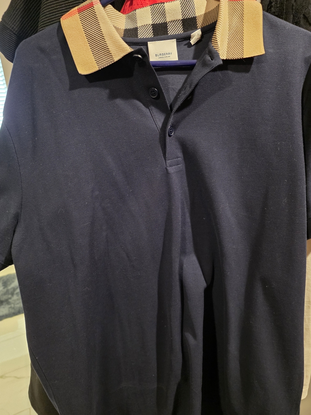 Three (3) Burberry Men's Navy Polo with Signature Check Collar Size 2xl. Bundle
